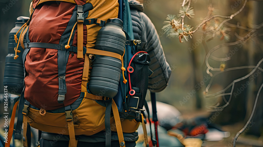 Close-up of a backpack with various hiking essentials attached.