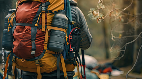 Close-up of a backpack with various hiking essentials attached. photo