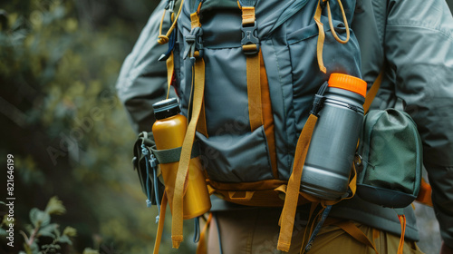 Close-up of a backpack with various hiking essentials attached.