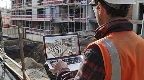 Construction manager overseeing a site with a BIM model on a laptop.
