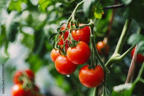 Red tomatoes on a branch in a greenhouse closeup Ripe tomatoes growing on a branch in a greenhouse, AI generated