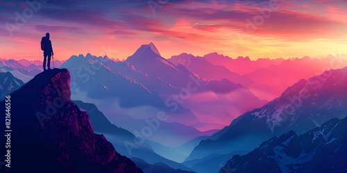 Solitary Mountain Climber Silhouetted Against a Breathtaking Sunset Sky in a Dramatic Digital Landscape