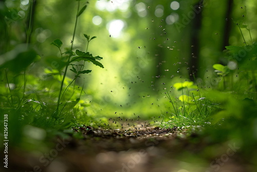 There are a lot of midges in forest. Swarm of insects in nature.