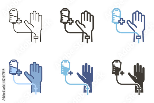 Blood donation icon with open palm, arm, transfusion bag. Vector graphic elements for health, donations, medicine and emergency