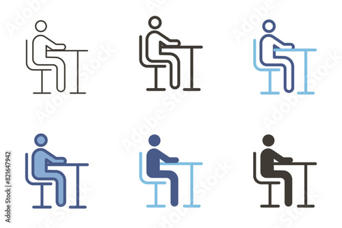 Icon of a person sitting at table working, studying, eating, relaxing, reading or paying attention in claassroom. Vector graphic elements