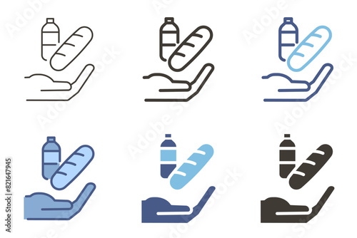 Hand offering food icon. Food donation with bread and water. Vector graphic elements for charity, groceries, generous assistance