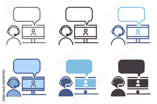 Online call people chatting through videoconference icon with computer screen and speech bubble. Vector graphic elements