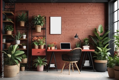 Creative composition of Brick Red office interior  wooden desk  rattan sideboard  chair