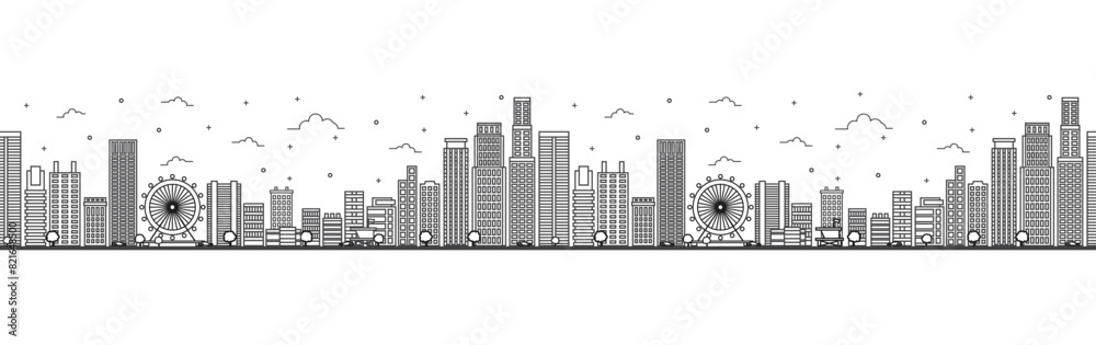 Seamless pattern with outline Los Angeles California City Skyline. Modern Buildings Isolated on White. Los Angeles Cityscape with Landmarks.