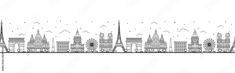 Seamless pattern with outline Paris France City Skyline. Historic Buildings Isolated on White. Paris Cityscape with Landmarks.