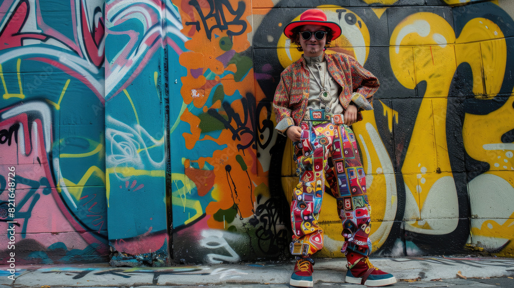 Fototapeta premium Portrait of an autistic person dressed in a creative outfit, standing against an urban graffiti wall, showcasing their unique style.