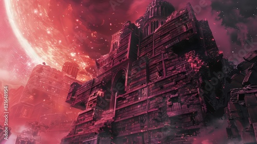 A colossal library in ruins, covered in bioluminescent moss, stood alone under a bloodred sky, where once thrived a civilization with blurry background, scifi photo, sharpen banner photo