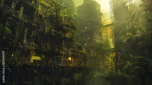 A dense jungle overtook a crumbling laboratory filled with ancient machinery  bathed in an eerie yellow glow with blurry background  scifi photo  sharpen banner