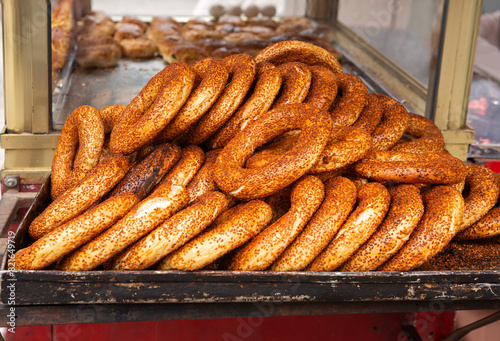 Freshly baked Turkish circular simit bread at a street vendor in Izmir, Turkey