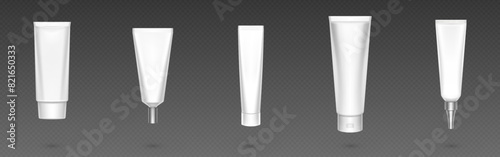 White blank tube mockup for cosmetic product design. Realistic 3d vector illustration set of plastic container template for hand or face cream, skin care lotion or makeup gel. Package with cap.