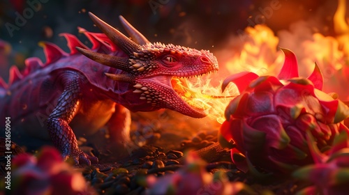 A dragon breathing fire on a dragon fruit