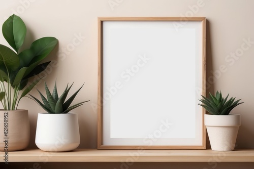 Minimalistic home decor of interior with poster frame, Off-White shelf with books