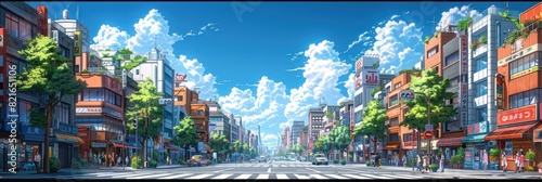 2d city street sunny day scene, the buildings and streets have an illustrative anime style. photo