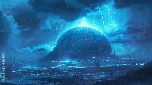 Depict an apocalyptic scene of the Tacoma Dome with a blue lightning storm, featuring blue highlights and neon blue accents
