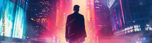 Business concept featuring an entrepreneur launching an ondemand service, illustrated in cyberpunk 80s styles with a sharpen banner and a blurry urban background photo