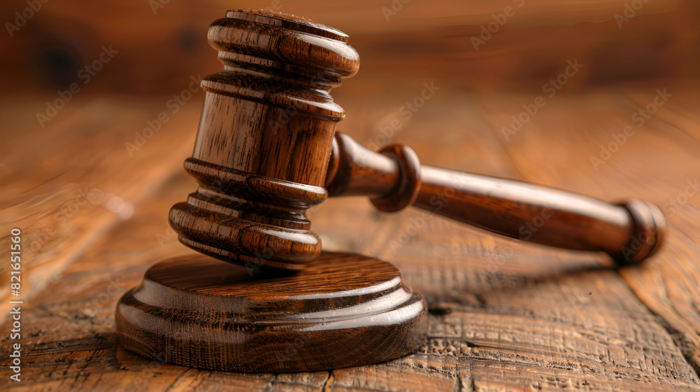 Wooden Judges Gavel on Wooden Table Close Up, Legal Concept of Justice and Law, Symbol of Authority in Courtroom Setting, Judicial System Concept, Generative AI

