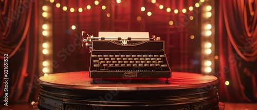 Circus stage podium background showcasing a vintage typewriter on a retrostyled platform, banner sharpen with copy space photo