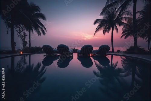 pool, infinity, swimming, chairs, palms, water, luxury, tropical, resort, relaxation, sun, blue, sky, vacation, leisure