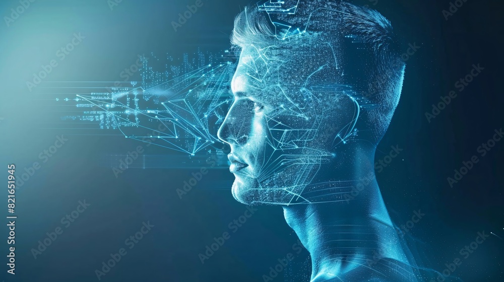The side profile of a digital human head made of circuitry, against a dark background with binary code, representing AI and machine learning The side profile of a digital human head made of circuitry, against a dark background with binary code, representing AI and machine learning
