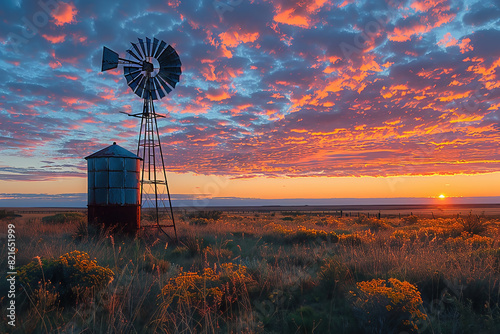 Colorful Australian outback sunset landscape with a windmill, and reflections in a pond and a firey sky with clouds.