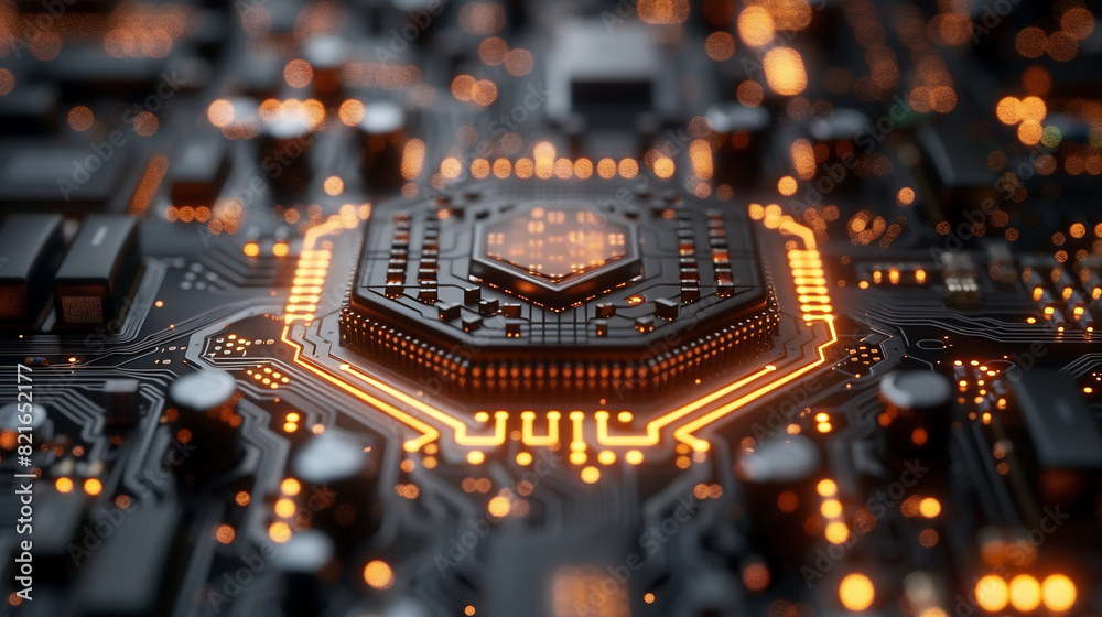 Obraz premium a central processing unit (CPU) with a dark octagonal design on a circuit board, with a warm, orange glow, the electronic components, with illuminated, intricate pathways and components