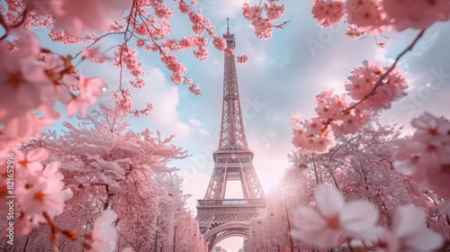 Eiffel Tower with Blooming Cherry Blossoms
