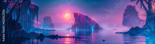 Creative colorful landscape of an archipelago with floating neon islands and bioluminescent flora, cyberpunk color, banner template sharpen with copy space