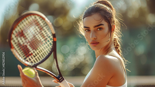 Young Woman Playing Tennis on Court, Active Female Athlete Practicing Tennis Skills, Sporty Lifestyle Concept, Healthy Exercise Activity, Generative AI   © Dzynee