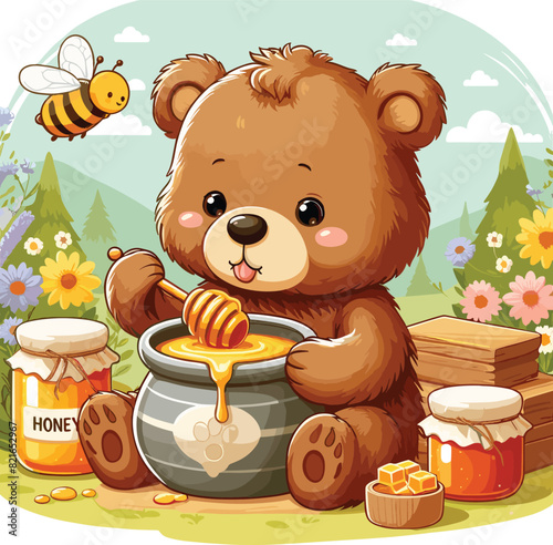 A bear sitting and eating honey from the pot