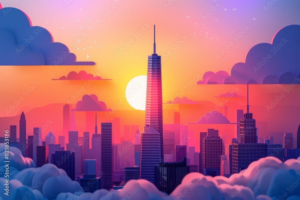 Creative paper art of a sleek, modern skyscraper towering over a bustling cityscape, illuminated by a brilliant sunset, minimal styles, illustration template