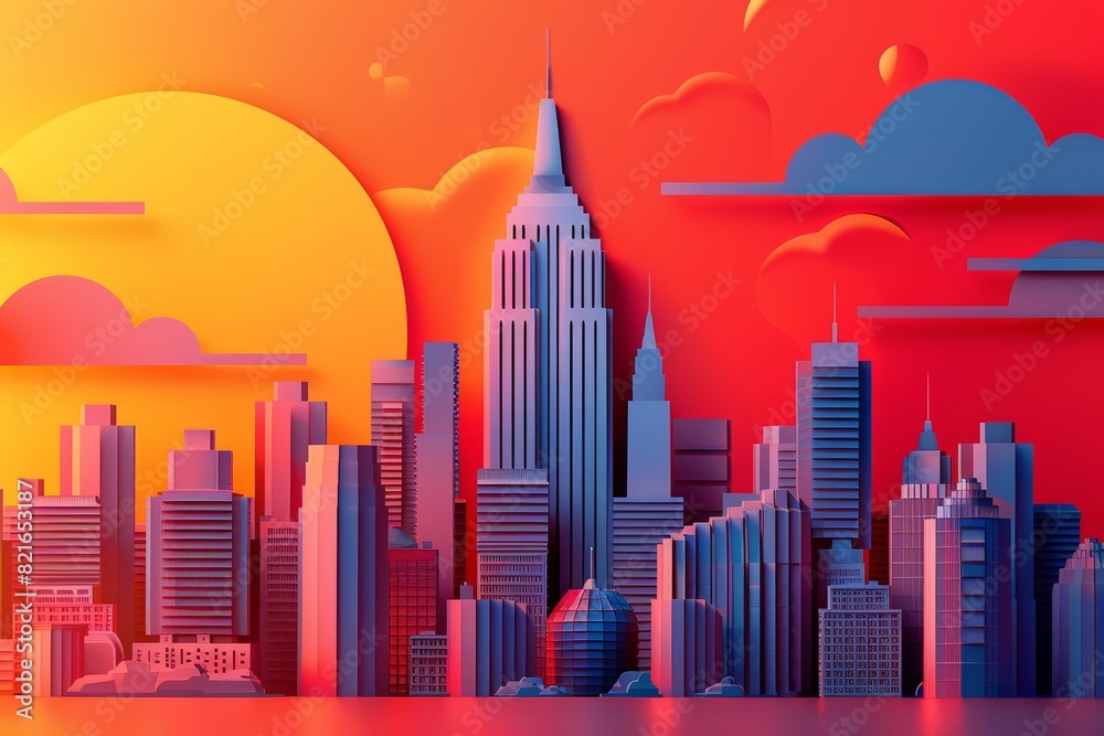 Creative paper art of a sleek, modern skyscraper towering over a bustling cityscape, illuminated by a brilliant sunset, minimal styles, illustration template