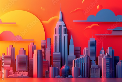 Creative paper art of a sleek  modern skyscraper towering over a bustling cityscape  illuminated by a brilliant sunset  minimal styles  illustration template