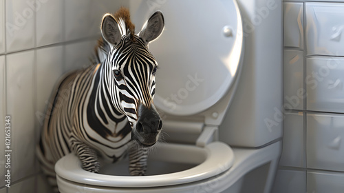 Zebra on Toilet in Surreal and Humorous AI-Generated Scene, Quirky Wildlife Imagery Combining Nature and Everyday Objects, Fun and Whimsical Animal Art, Generative AI
