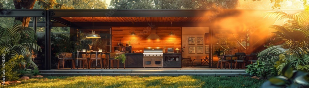 custom made wallpaper toronto digitalPhotorealistic 3D rendering of a modern house with a large outdoor kitchen and dining area