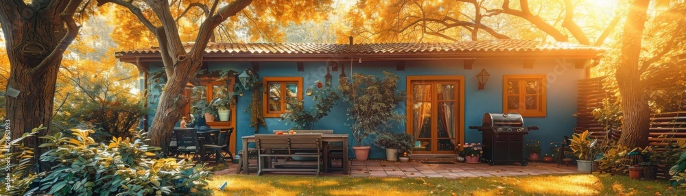 A cozy home nestled in a lush garden A cozy home nestled in a lush garden