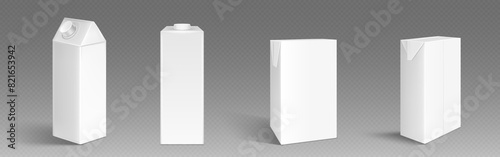 Milk or juice carton 3d white blank pack mockup. Isolated drink package template in vector. Empty realistic beverage bottle packet for presentation and marketing. Cardboard container side and front