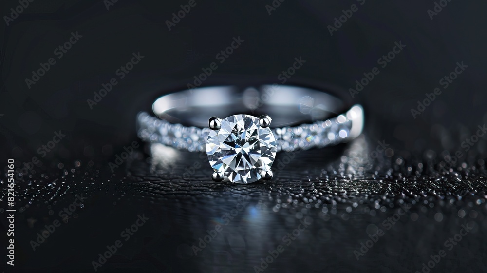 Sparkling diamond solitaire engagement ring in white gold on dark background Sparkling diamond solitaire engagement ring in white gold on dark background