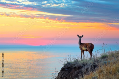 Deer Silhouette Against Vibrant Coastal Sunset