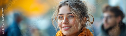 Generate a professional headshot of a young woman. She should be smiling and wearing a casual outfit. The background should be blurred.