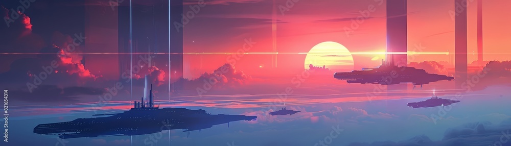 Futuristic landscape view of a coastline with hovering ships and translucent towers, synthwave color, illustration template Futuristic landscape view of a coastline with hovering ships and translucent towers, synthwave color, illustration template