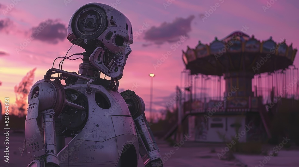 Giant androids patrolled an abandoned, rusted amusement park under a ...