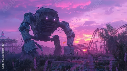 Giant androids patrolled an abandoned, rusted amusement park under a purple and pink sunset, reminiscing a lost human era with blurry background, scifi photo, sharpen banner photo