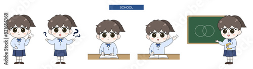 학생 캐릭터 다양한 포즈(공부+교육+물음표+발표)