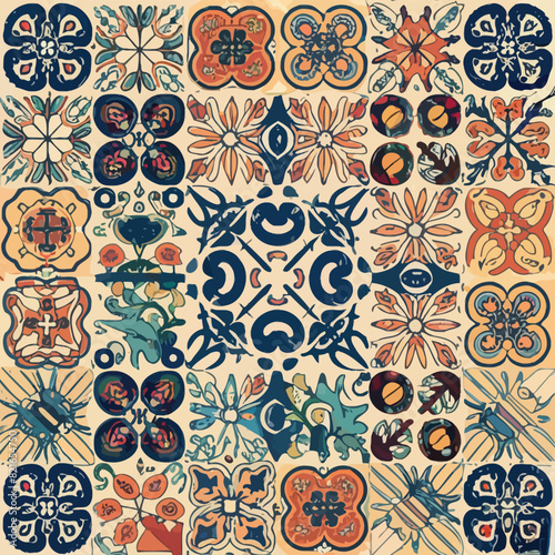 2d vector illustration colorful vintage Seamless hi res Portuguese tiles abstract Artwork
