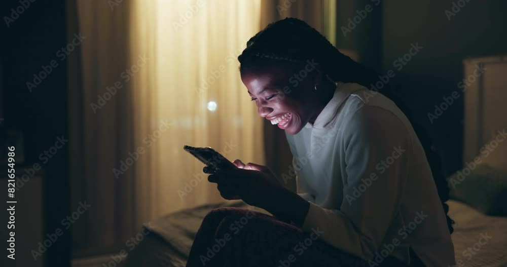Funny, girl and night in home with phone notification and watch online video on social media or chat. Reading, news and woman scroll smartphone with insomnia, late and relax on internet or app Funny, girl and night in home with phone notification and watch online video on social media or chat. Reading, news and woman scroll smartphone with insomnia, late and relax on internet or app